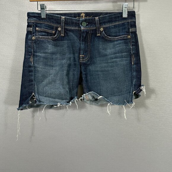 7 For All Mankind Jean Shorts Womens 27 Flynt Blue Cotton Stretch  Raw Hems - Picture 1 of 12